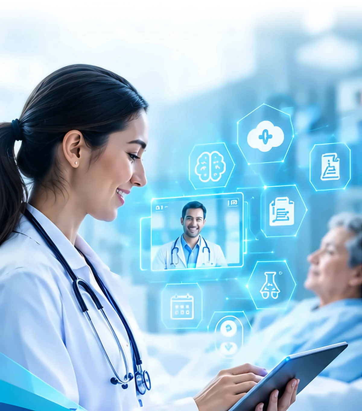 Ilustración de una profesional de salud utilizando herramientas digitales durante una atención.
